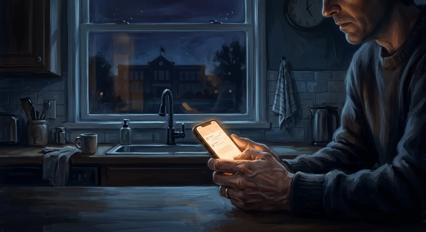 Concerned parent reading a social media post in the middle of the night